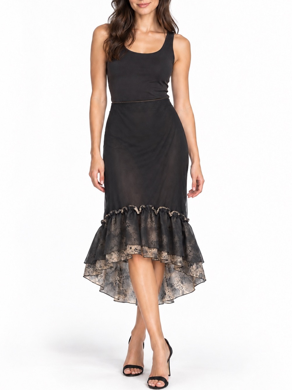 Whimsy Goth Black Mesh Midi Skirt Fairy-Grunge Romantic Floral Ruffle Y2K Sheer
